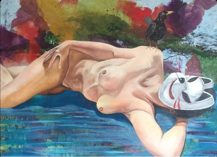 Cat masked nude with black bird
